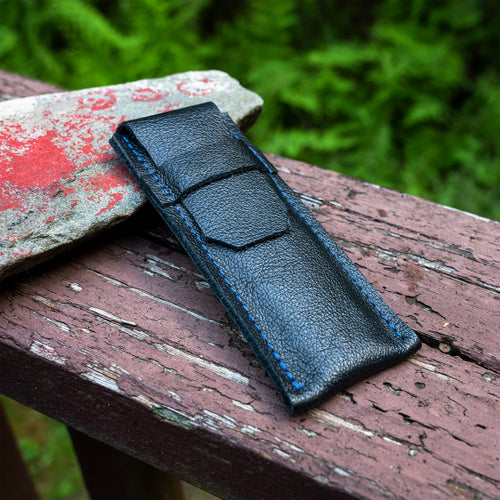 Navaja plegable azul Douk Douk con funda de cuero francés cosida a mano