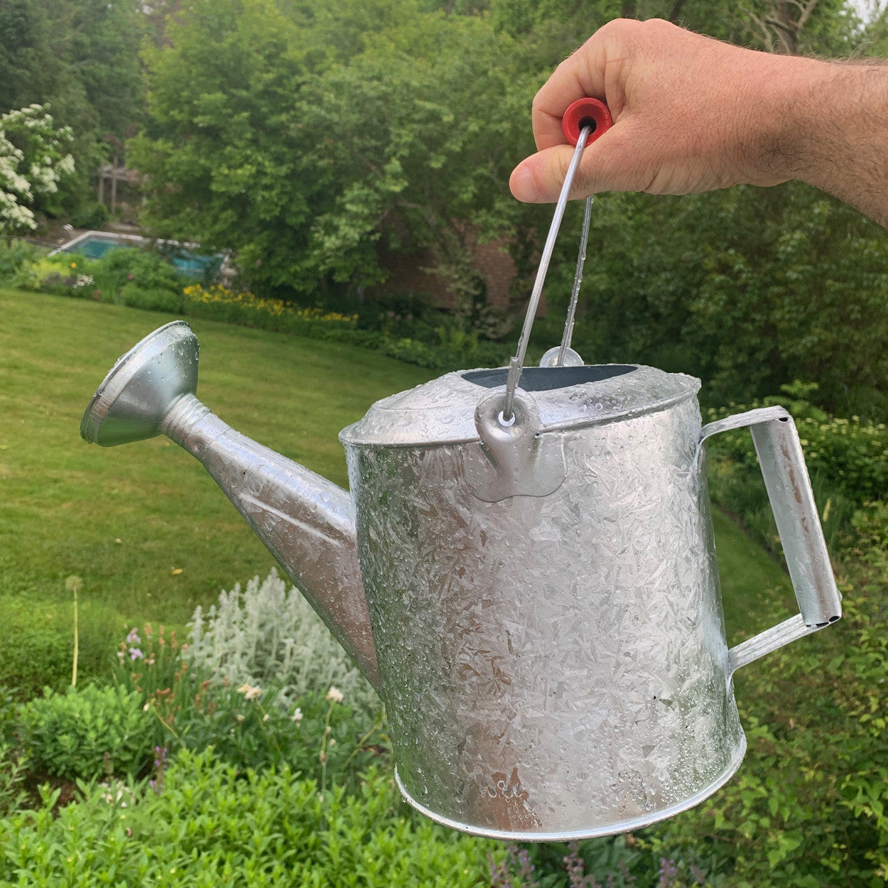 Regadera galvanizada de 1.5 galones con mango de madera