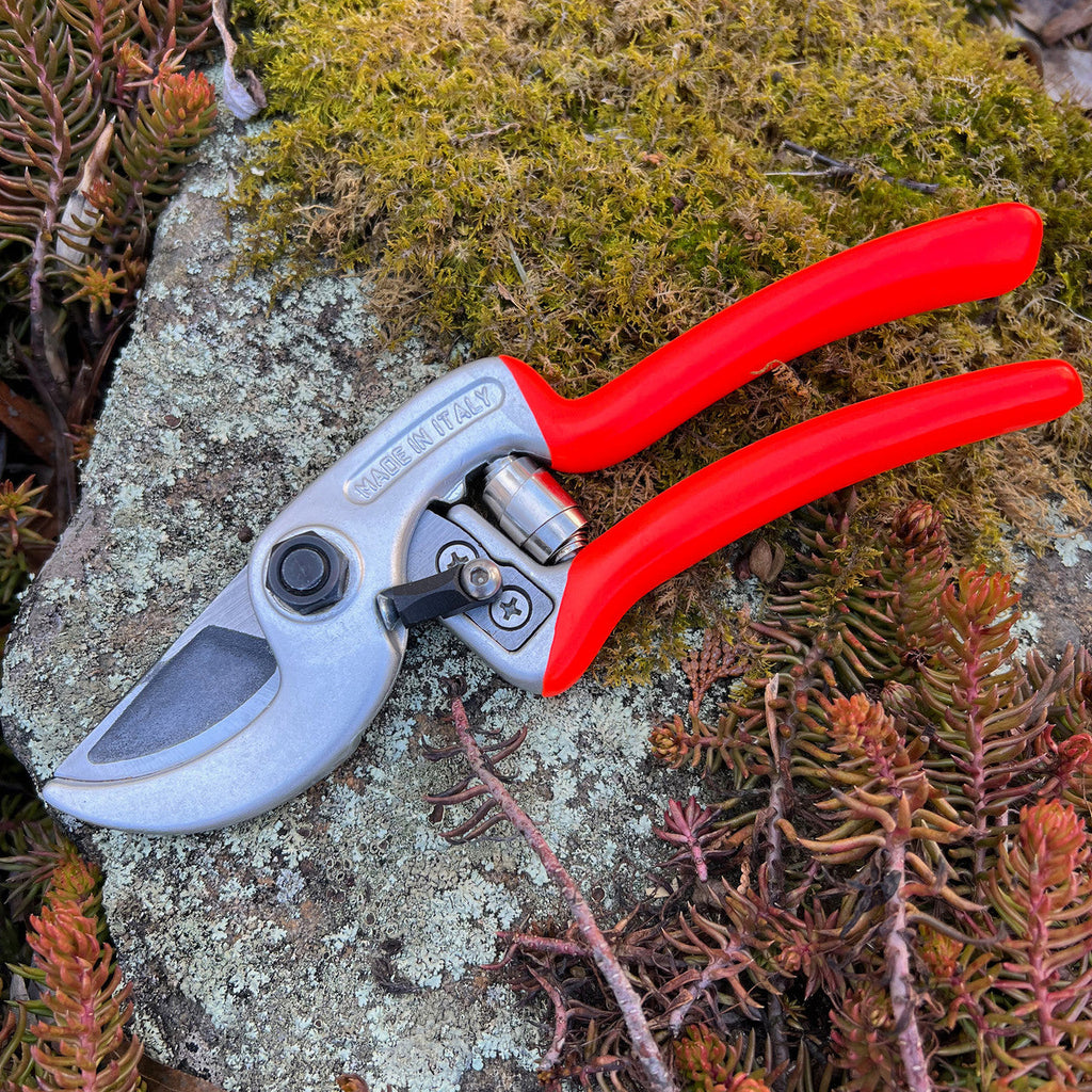 Tijeras de podar ergonómicas rojas con sistema bypass para poda de precisión en el jardín