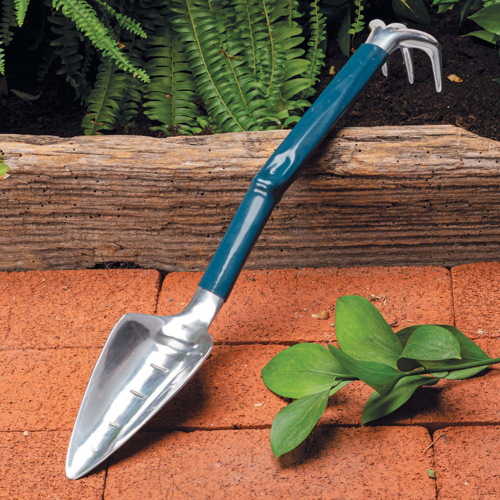 Herramienta de jardín manual 2 en 1 (paleta y cultivador) con mango azul