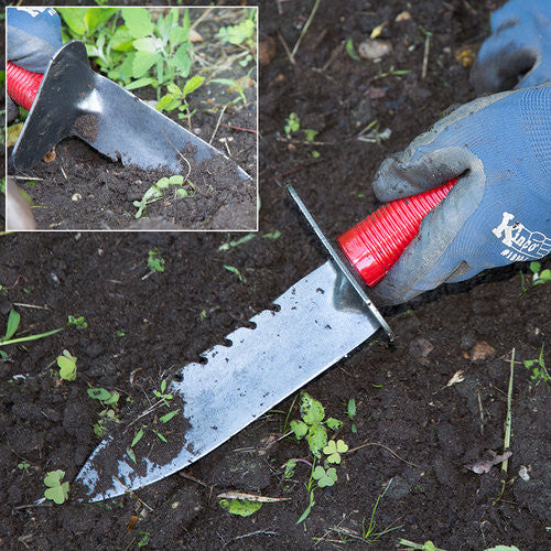 Herramienta de excavación de jardín resistente con hoja dentada y mango rojo