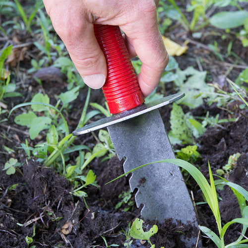 Herramienta de excavación de jardín resistente con hoja dentada y mango rojo