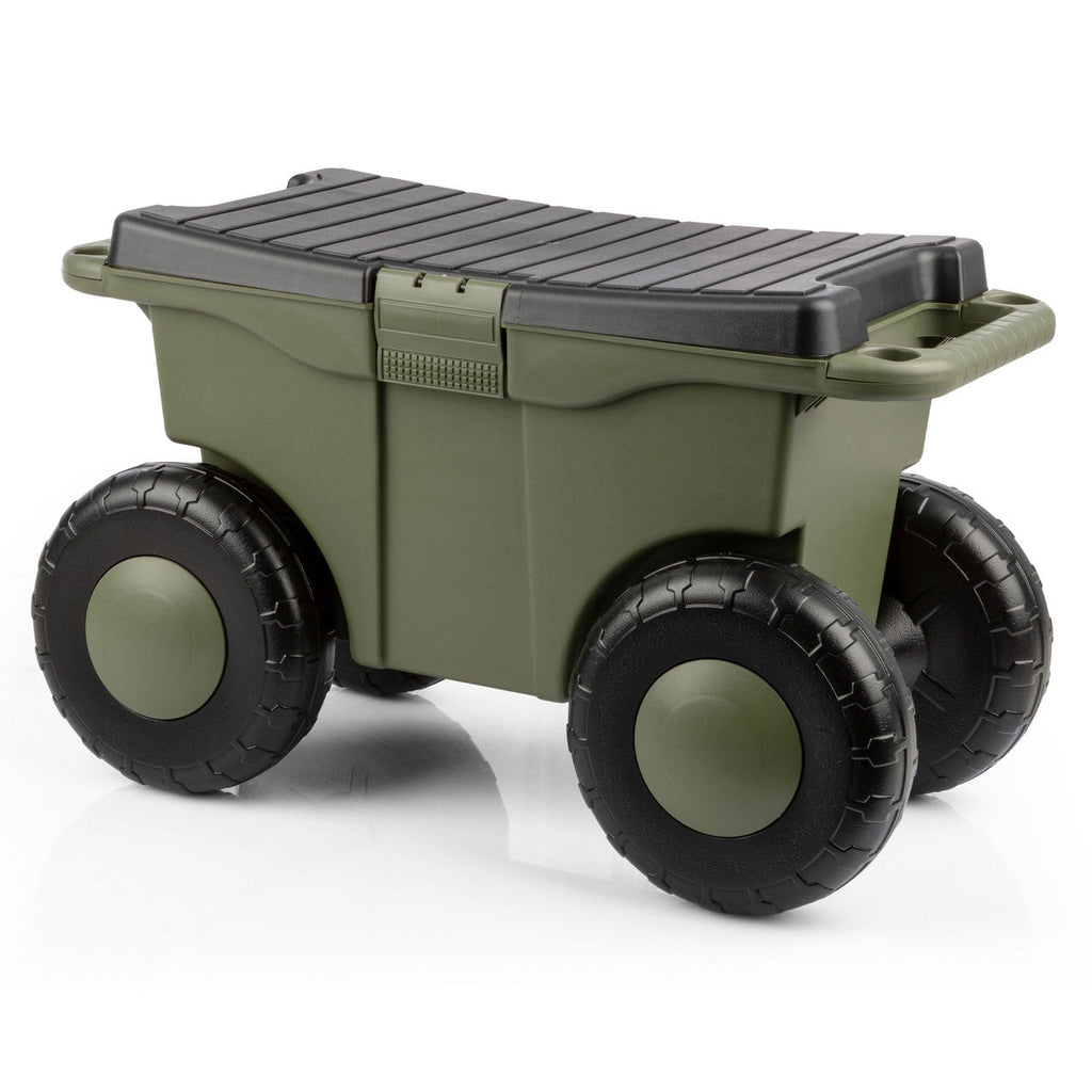 Carro de jardín con asiento y almacenamiento verde
