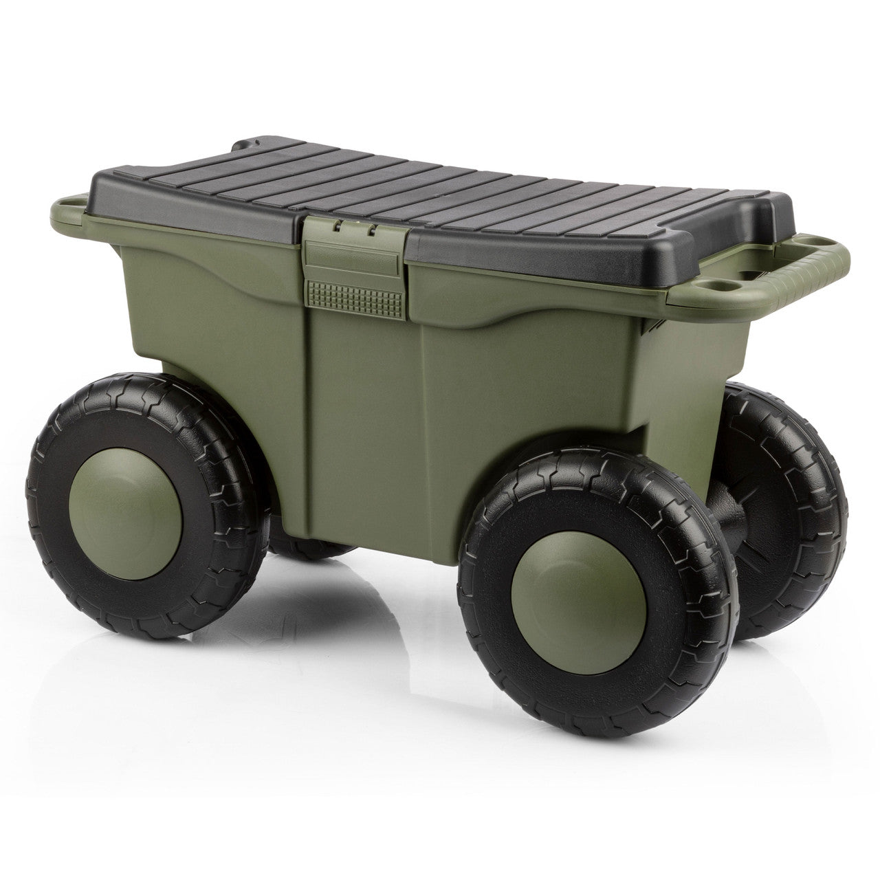 Carro de jardín con asiento y almacenamiento verde