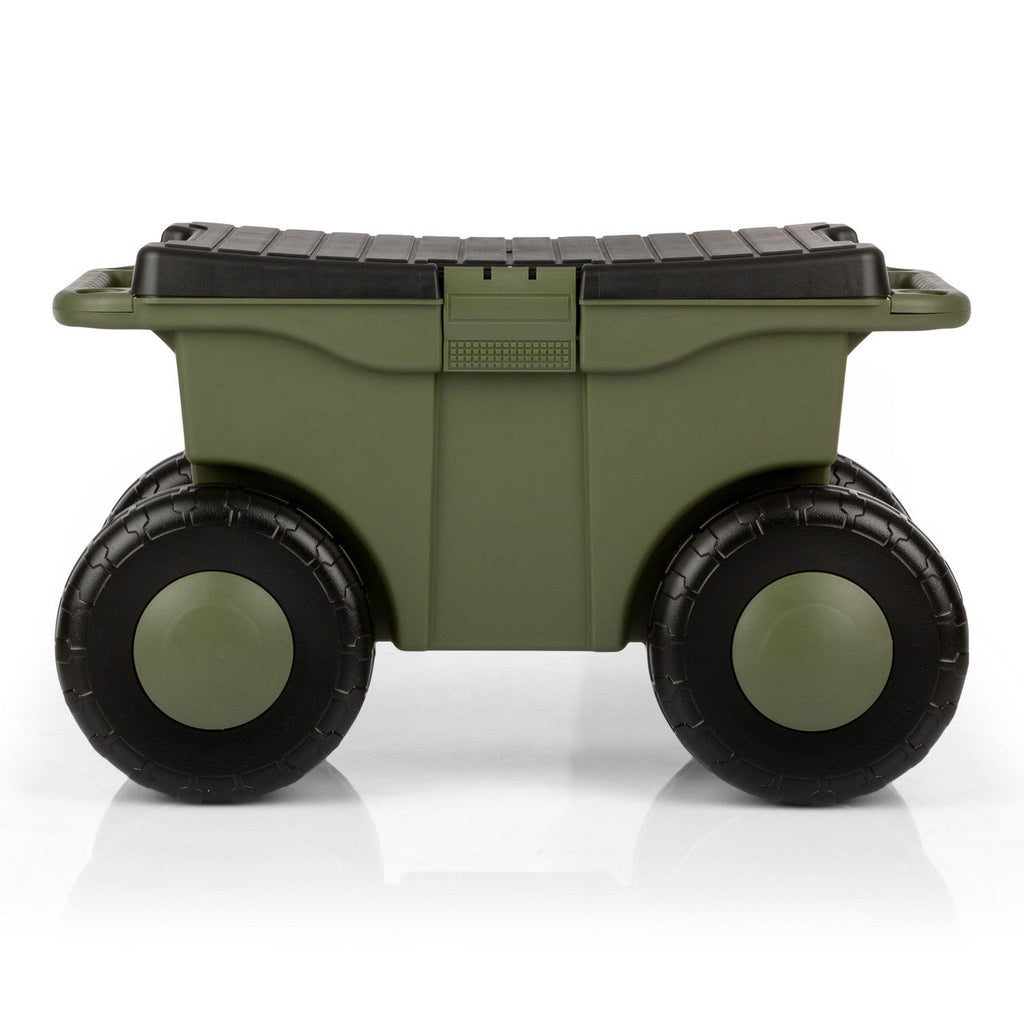 Carro de jardín con asiento y almacenamiento verde
