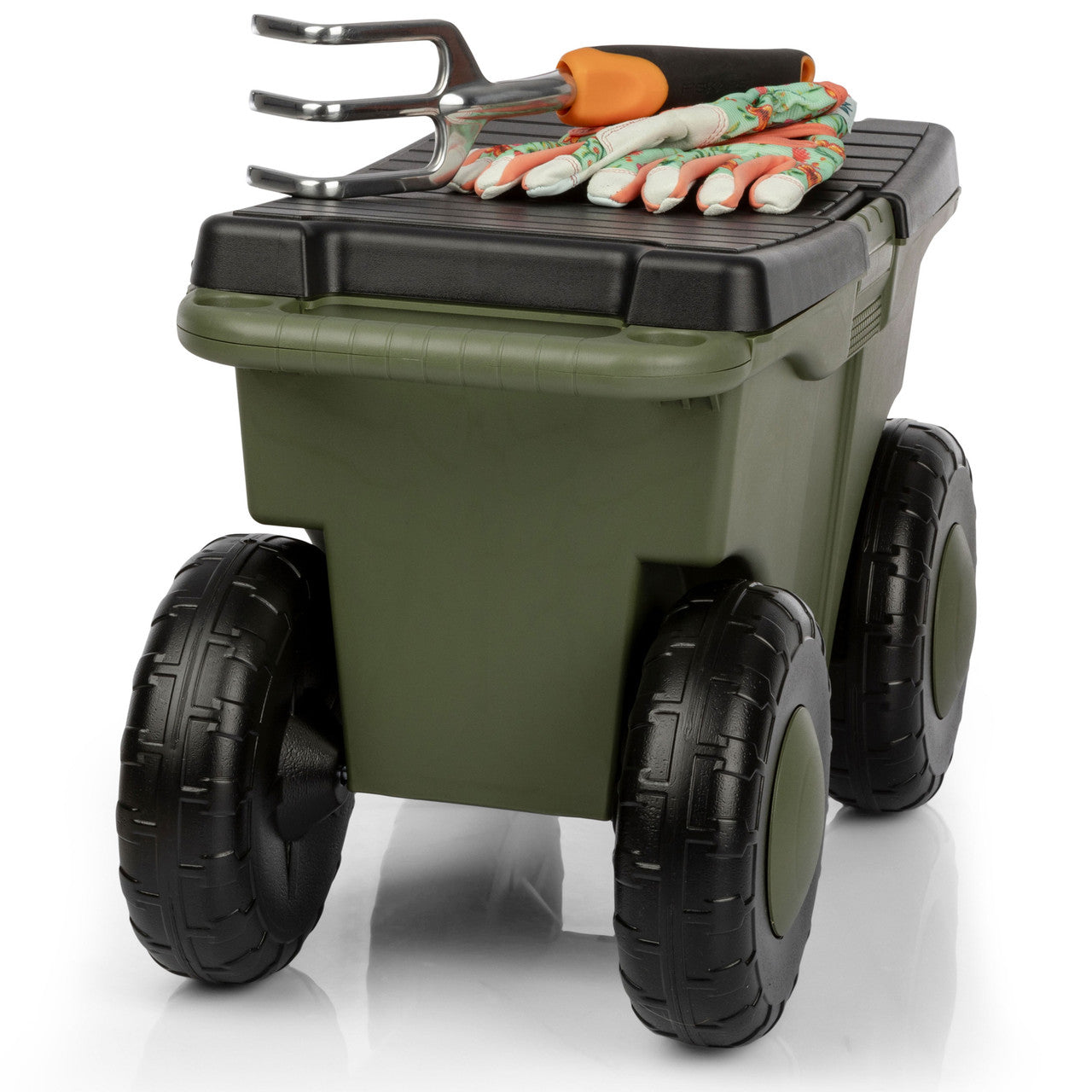Carro de jardín con asiento y almacenamiento verde