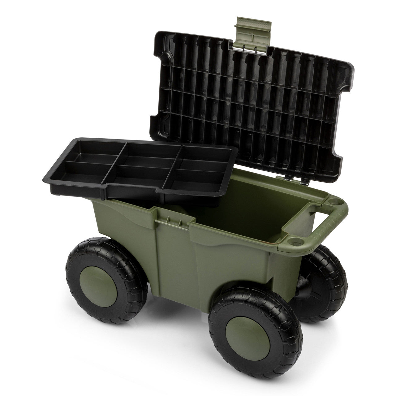 Carro de jardín con asiento y almacenamiento verde