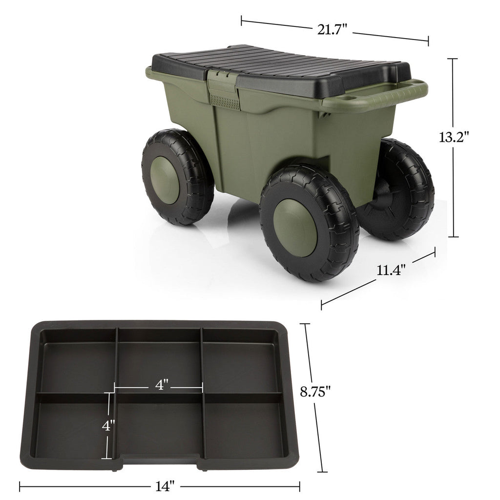 Carro de jardín con asiento y almacenamiento verde