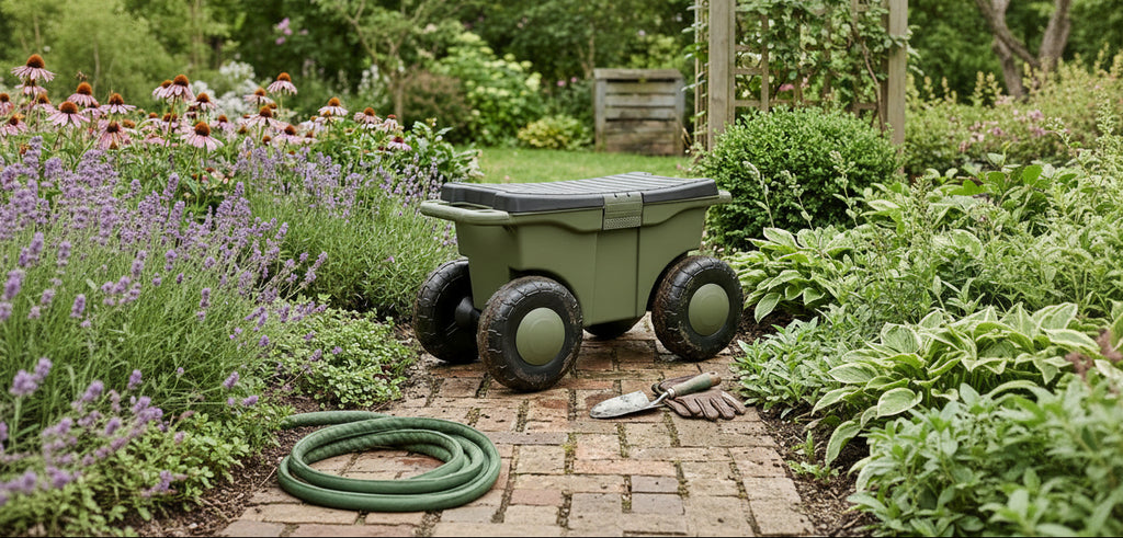 Carro de jardín con asiento y almacenamiento verde