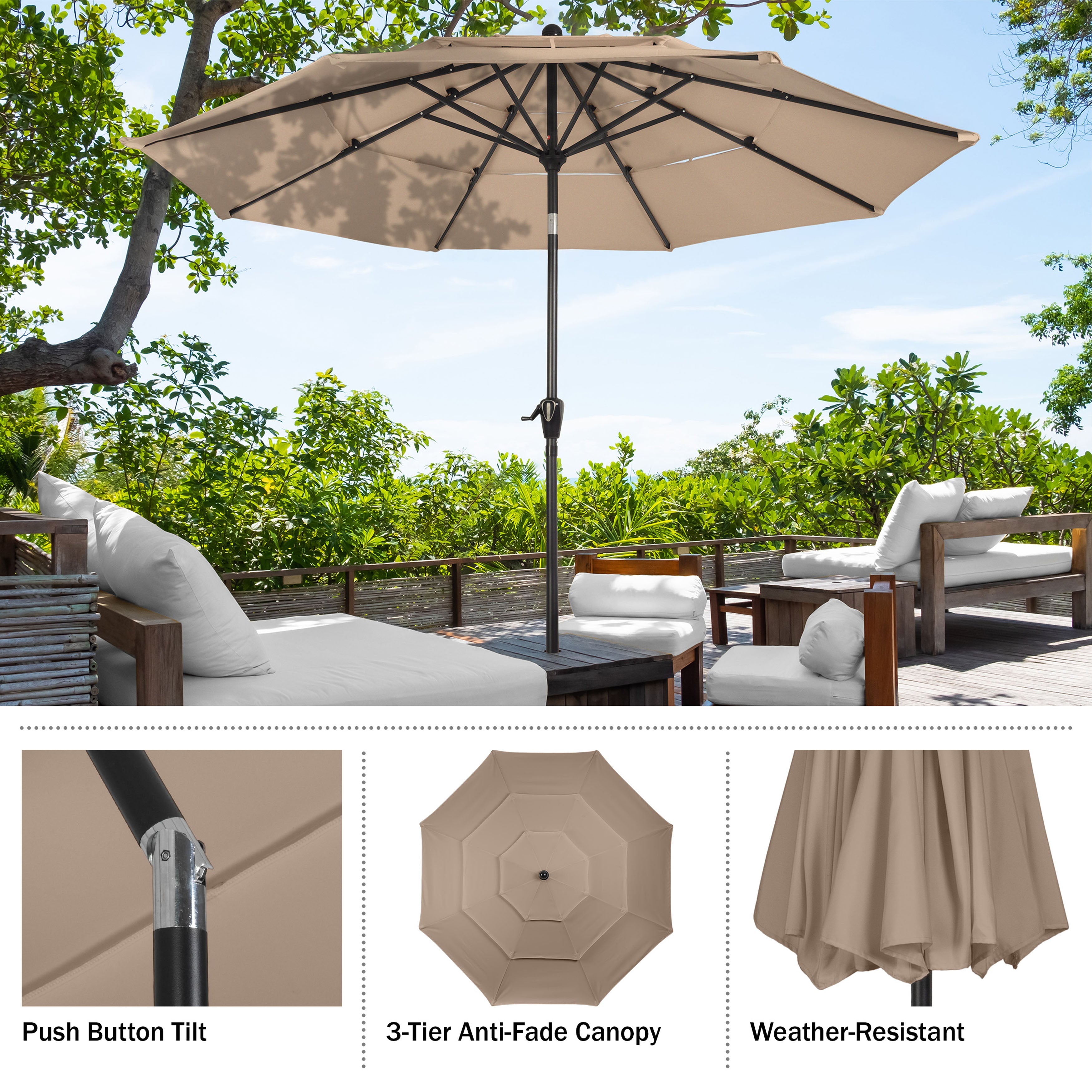 Parasol de Patio Exterior Beige de 3 m con Inclinación y Manivela